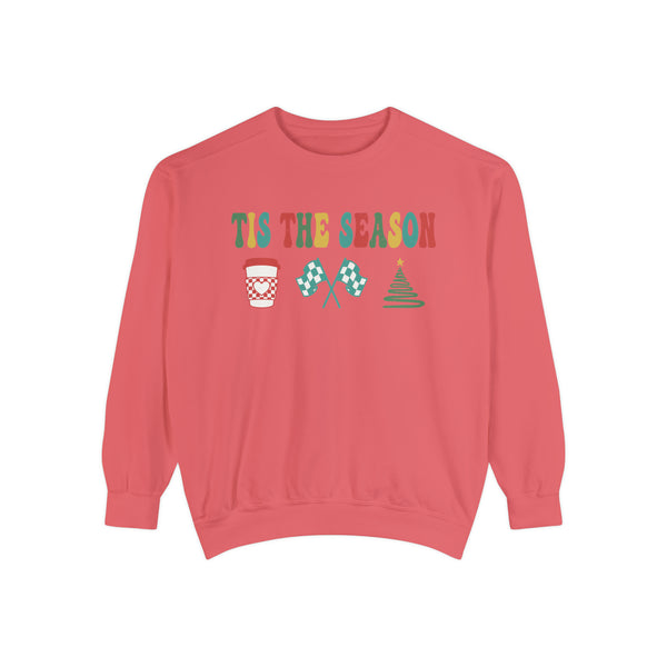 Tis the Season for Coffee Racing and Christmas Adult Unisex Garment-Dyed Sweatshirt | Racing Themed Christmas Sweatshirt