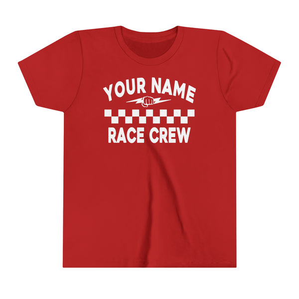 Personalized Your Name Race Crew with Fist and Lightning Bolt Youth Short Sleeve Tee | Kids Race Tees | Youth Race Crew Pit Crew Race Day Shirt