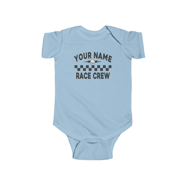 Personalized Your Name Race Crew with Fist and Lightning Bolt Infant Fine Jersey Bodysuit | Kids Race Shirt | Race Baby Pit Crew Bodysuit