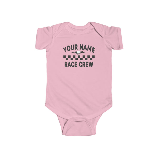 Personalized Your Name Race Crew with Fist and Lightning Bolt Infant Fine Jersey Bodysuit | Kids Race Shirt | Race Baby Pit Crew Bodysuit