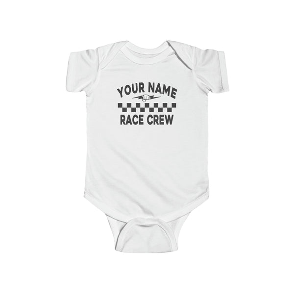 Personalized Your Name Race Crew with Fist and Lightning Bolt Infant Fine Jersey Bodysuit | Kids Race Shirt | Race Baby Pit Crew Bodysuit