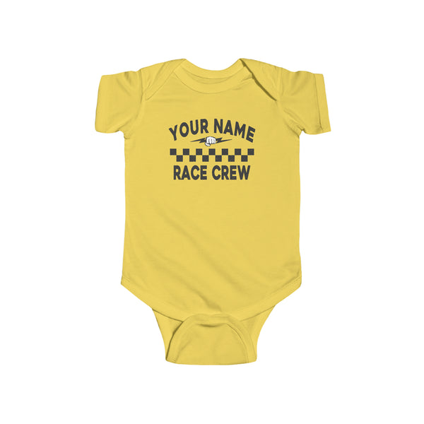 Personalized Your Name Race Crew with Fist and Lightning Bolt Infant Fine Jersey Bodysuit | Kids Race Shirt | Race Baby Pit Crew Bodysuit