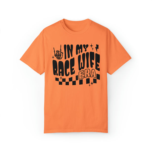 In My Race Wife Era Adult Unisex Garment-Dyed T-shirt | Funny Racing Themed Tee with Checkerboard Pattern