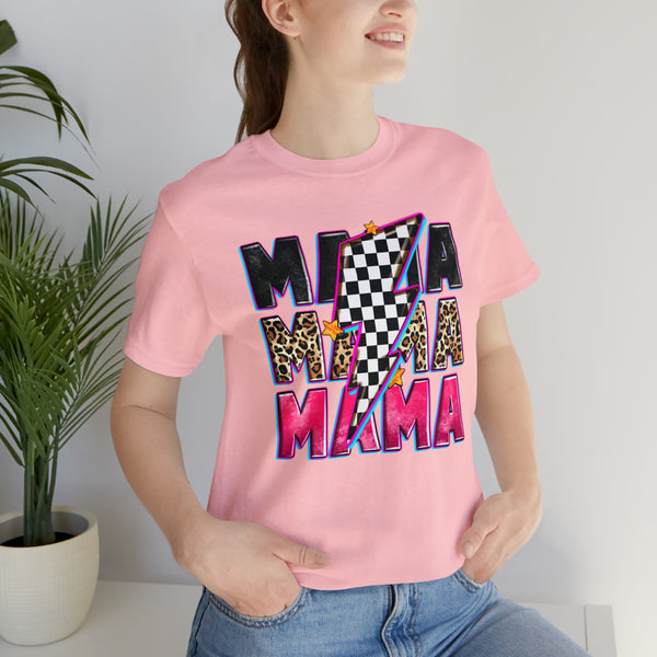 Race Mama with Checkered Lightning Bolt Adult Unisex Jersey Short Sleeve Tee