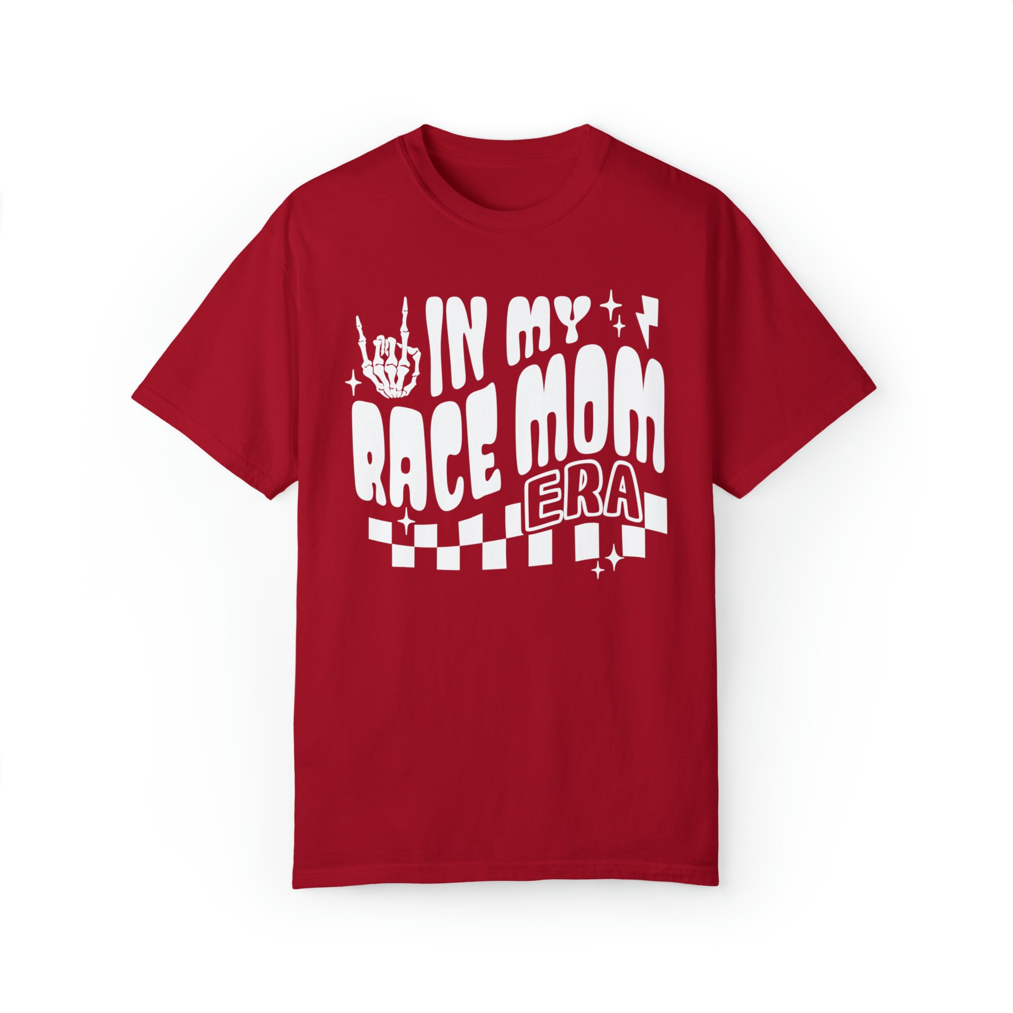 In My Race Mom Era Adult Unisex Garment-Dyed T-shirt | Funny Racing Themed Tee with Checkerboard Pattern