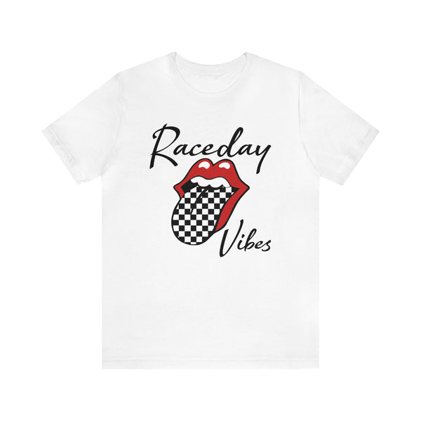 Raceday Vibes with Checkered Tongue Adult Unisex Jersey Short Sleeve Tee | Rad Race Day Vibes Shirt