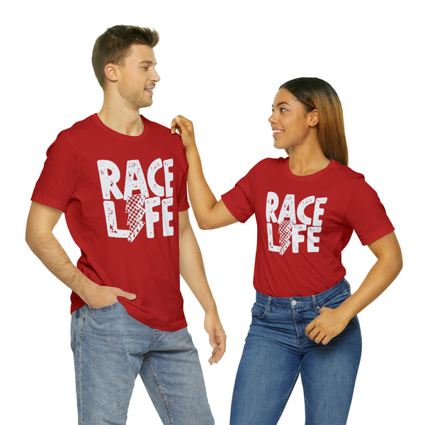 Race Life With Checkered Lightning Bolt Adult Unisex Jersey Short Sleeve Tee