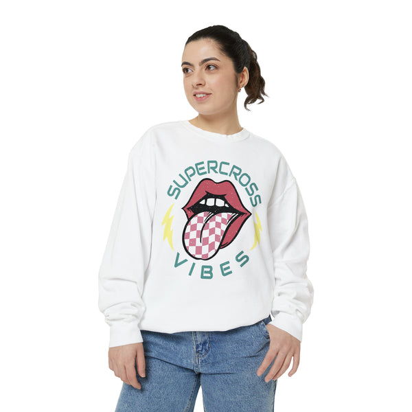 Supercross Vibes Unisex Garment-Dyed Sweatshirt | Supercross Race Day Sweatshirt | MX Motocross Dirt Track Sweatshirts Lips Tongue Lightning Bolt