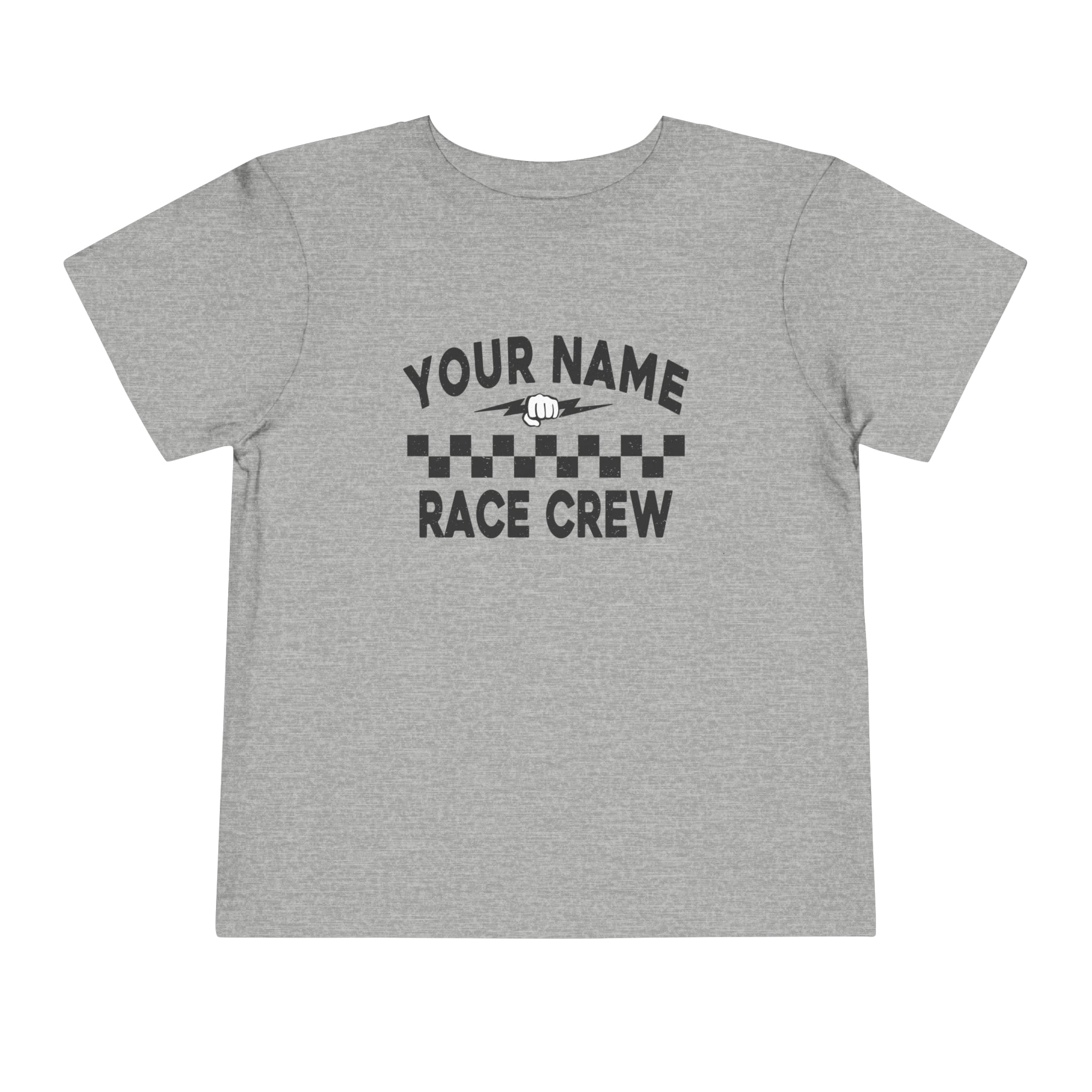 Personalized Your Name Race Crew with Fist and Lightning Bolt Toddler Short Sleeve Tee | Kids Race Girl Shirt | Race Toddler Pit Crew T-Shirt