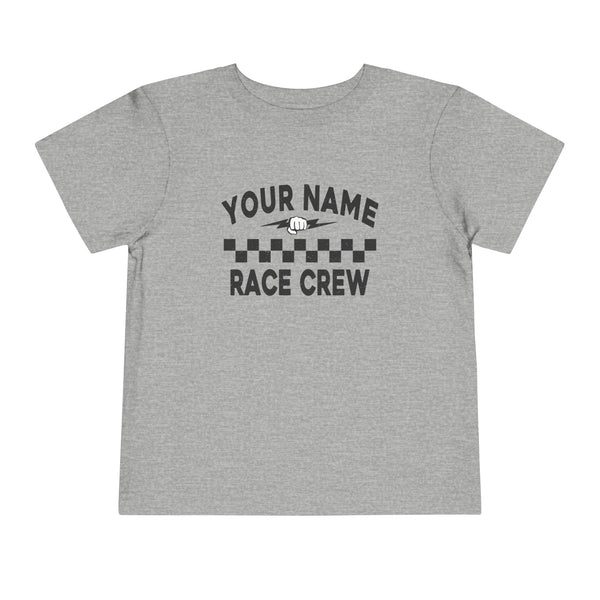 Personalized Your Name Race Crew with Fist and Lightning Bolt Toddler Short Sleeve Tee | Kids Race Girl Shirt | Race Toddler Pit Crew T-Shirt