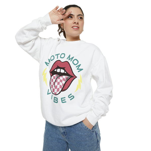 Moto Mom Vibes Unisex Garment-Dyed Sweatshirt | Moto Mom Race Day Sweatshirt | MX Motocross Dirt Track Sweatshirts Lips Tongue Lightning Bolt