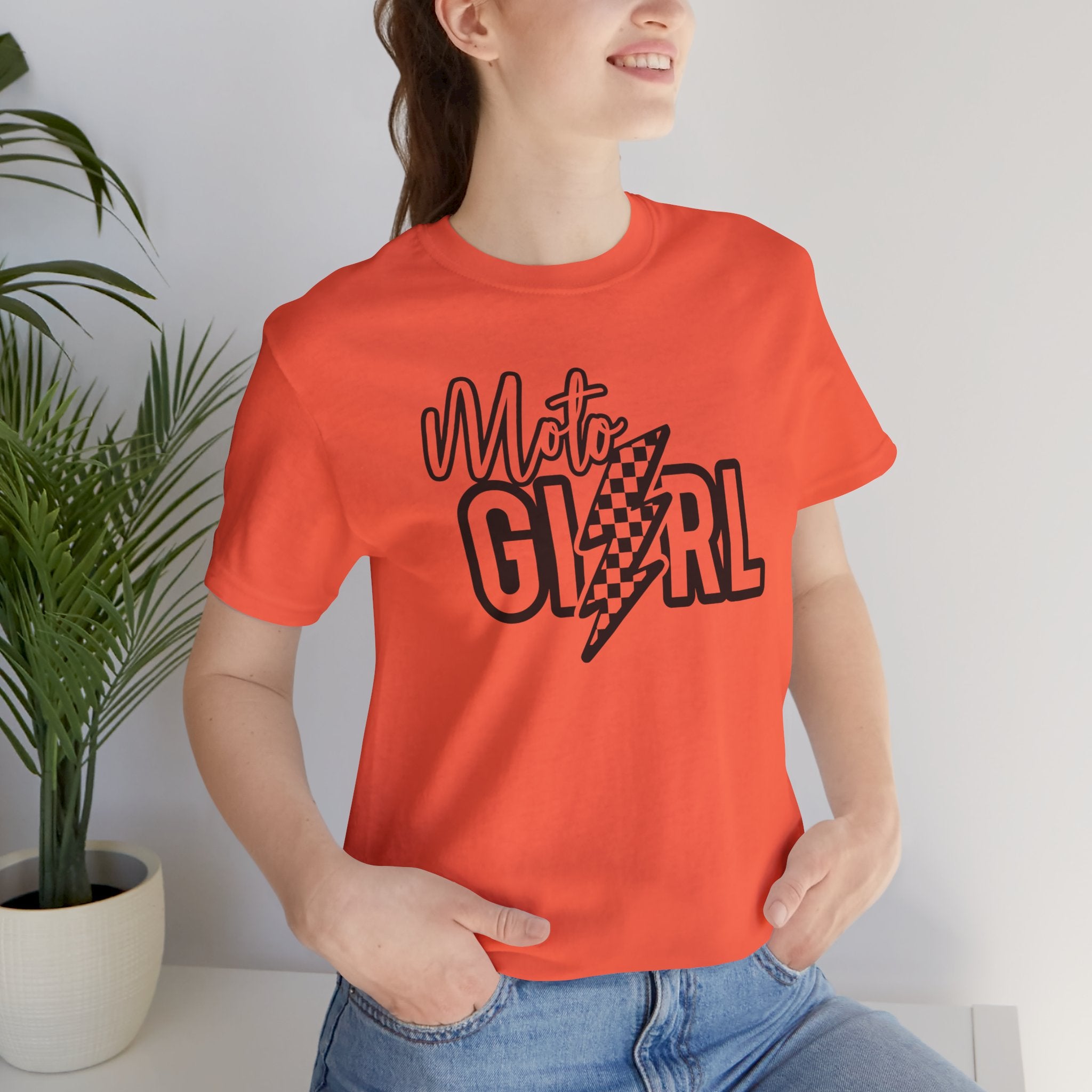 Moto Girl with Checkered Lightning Bolt Unisex Jersey Short Sleeve Tee | MX Motocross Dirt Bike Chick Shirt