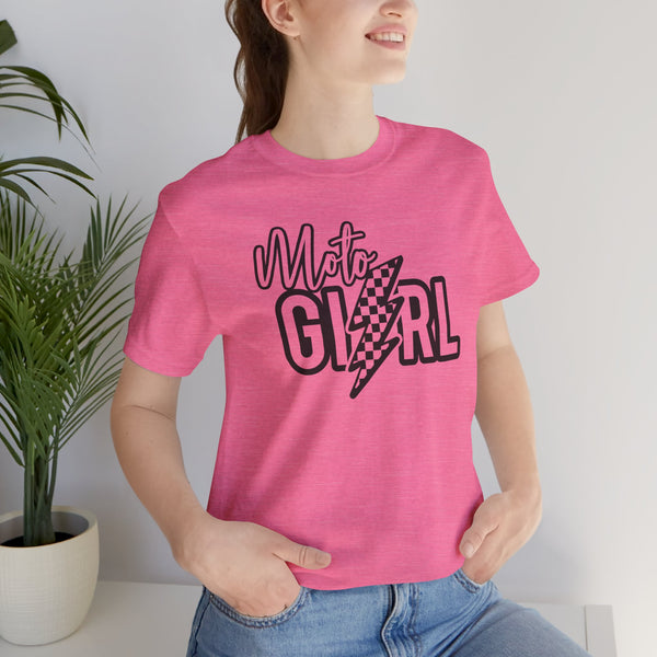 Moto Girl with Checkered Lightning Bolt Unisex Jersey Short Sleeve Tee | MX Motocross Dirt Bike Chick Shirt