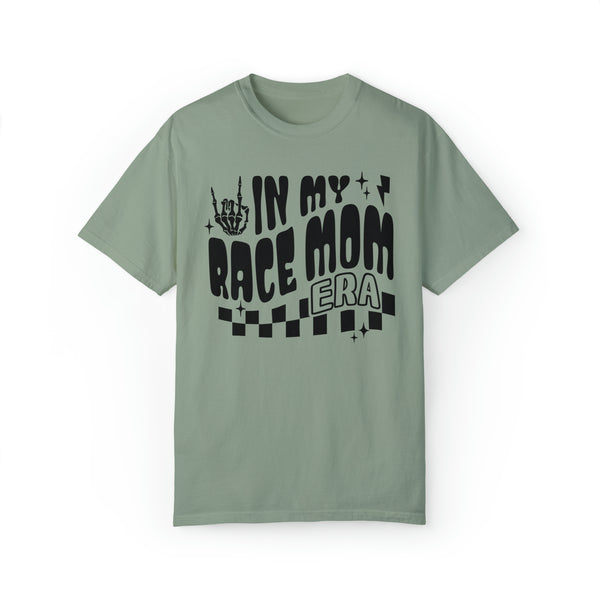 In My Race Mom Era Adult Unisex Garment-Dyed T-shirt | Funny Racing Themed Tee with Checkerboard Pattern