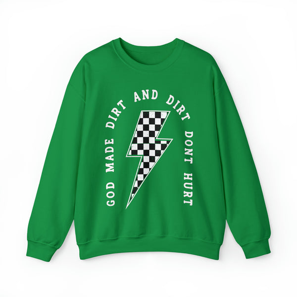 God Made Dirt and Dirt Don't Hurt with Checkered Lightning Bolt Adult Unisex Heavy Blend™ Crewneck Sweatshirt | Race Day Sweatshirt