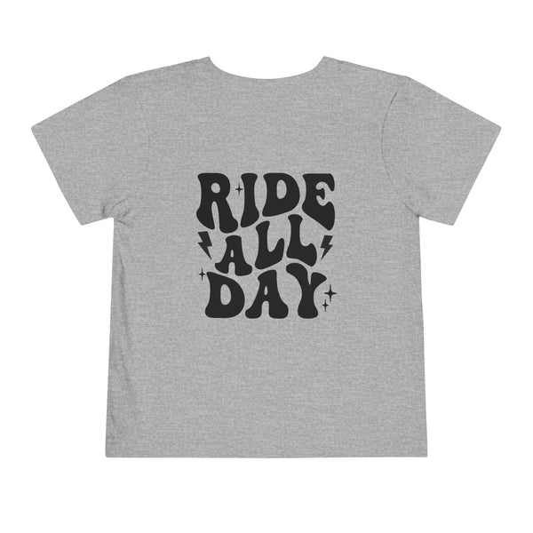 Retro Groovy Ride All Day with Shaka Hand Front and Back Toddler Short Sleeve Tee | Kids Race Girl Shirt | Ride Toddler Pit Crew T-Shirt