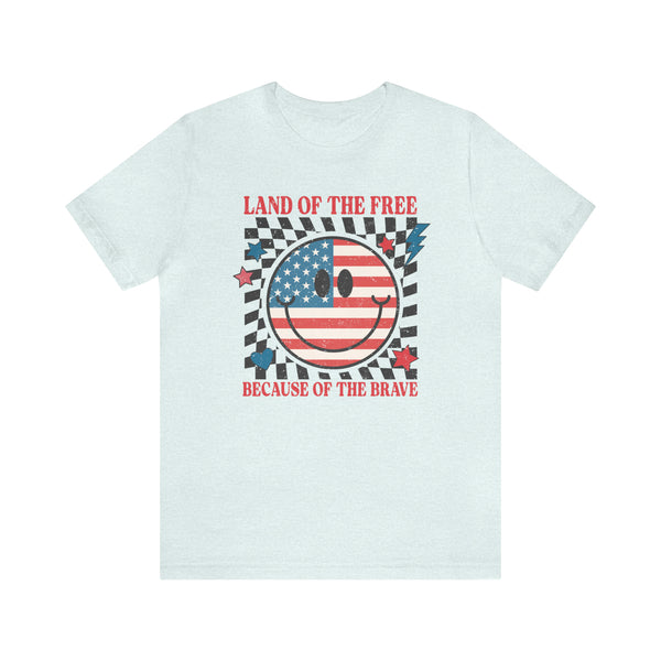 Patriotic Land of the Free Because of the Brave Adult Unisex Jersey Short Sleeve Tee | Race Themed 4th of July Shirt