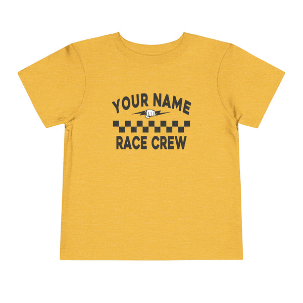 Personalized Your Name Race Crew with Fist and Lightning Bolt Toddler Short Sleeve Tee | Kids Race Girl Shirt | Race Toddler Pit Crew T-Shirt