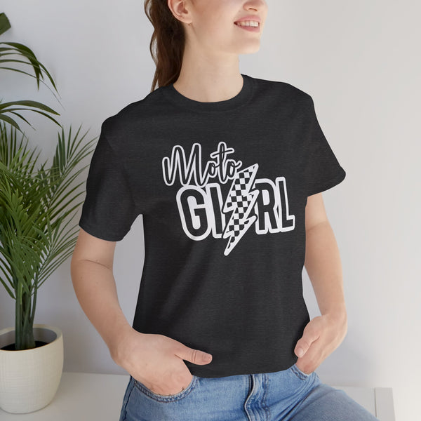 Moto Girl with Checkered Lightning Bolt Unisex Jersey Short Sleeve Tee | MX Motocross Dirt Bike Chick Shirt