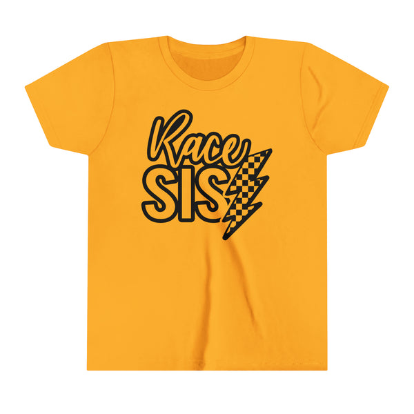 Race Sis With Checkered Lightning Bolt Youth Short Sleeve Tee | Kids Race Day Youth T-Shirt | SxS MX BMX Go Kart Dirt Track Car Race Sister