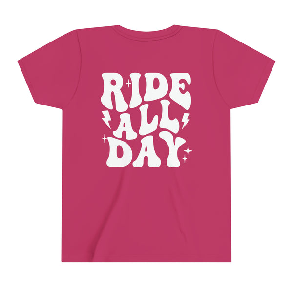 Retro Groovy Ride All Day with Shaka Hand Front and Back Youth Short Sleeve Tee | Kids Race Tees | Youth Riding Day Shirt