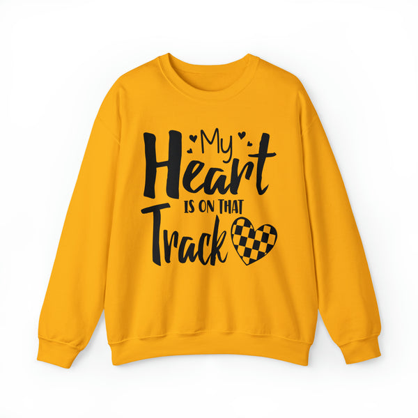 My Heart is on that Track with Checkered Heart Adult Unisex Heavy Blend™ Crewneck Sweatshirt | Racer's Wife Mom Girlfriend Sweatshirt