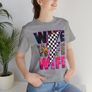 Race Wife with Checkered Lightning Bolt Adult Unisex Jersey Short Sleeve Tee