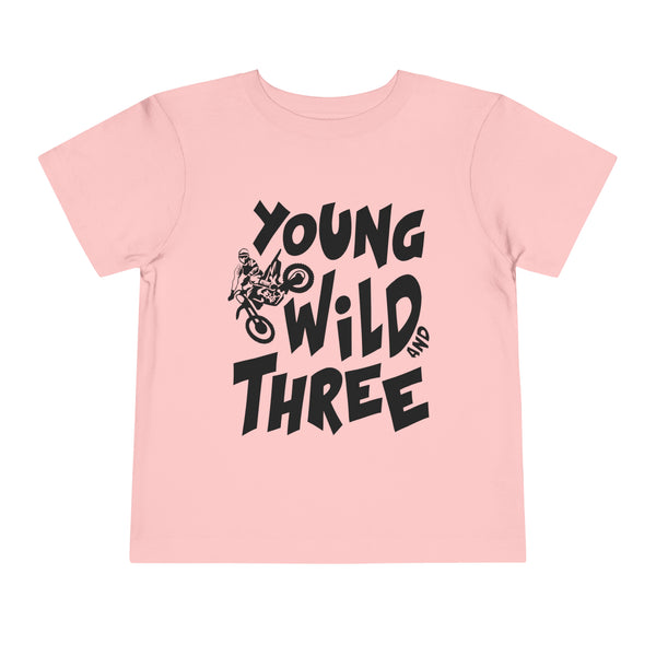 Young Wild and Three Birthday Kid Dirt Bike Toddler Short Sleeve Tee | Kids Moto 3rd Birthday Dirt Bike Motocross Toddler T-Shirt