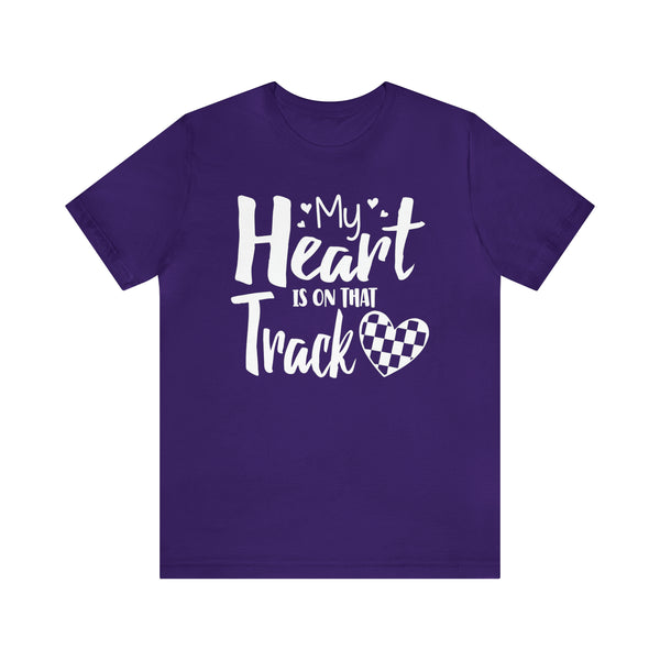 My Heart is on that Track with Checkered Heart Adult Unisex Jersey Short Sleeve Tee | Racer's Wife Mom Girlfriend Shirt