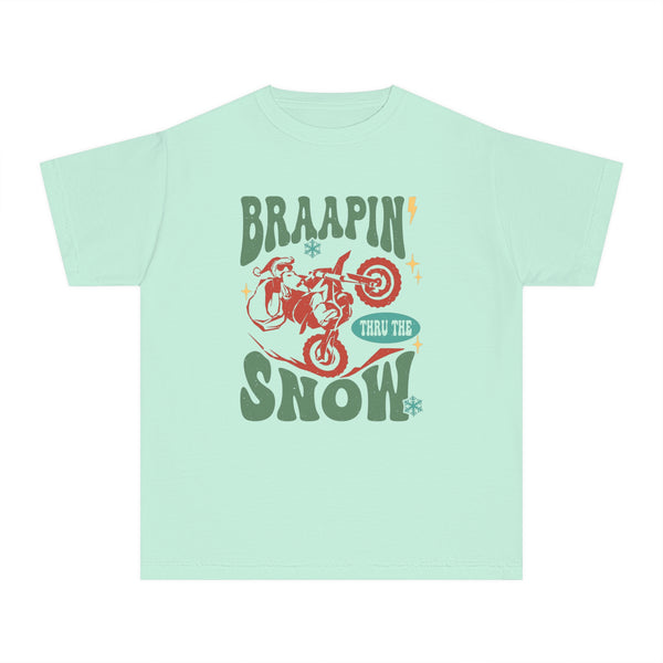 Braapin' Through the Snow Youth Garment-Dyed Midweight Tee | Kids Racing Themed Christmas T-Shirt