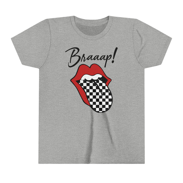 Braaap Youth Short Sleeve Tee | Kids Race Day Youth T-Shirt | SxS Moto Dirt Track Car Racing Shirts Lips Tongue Tee