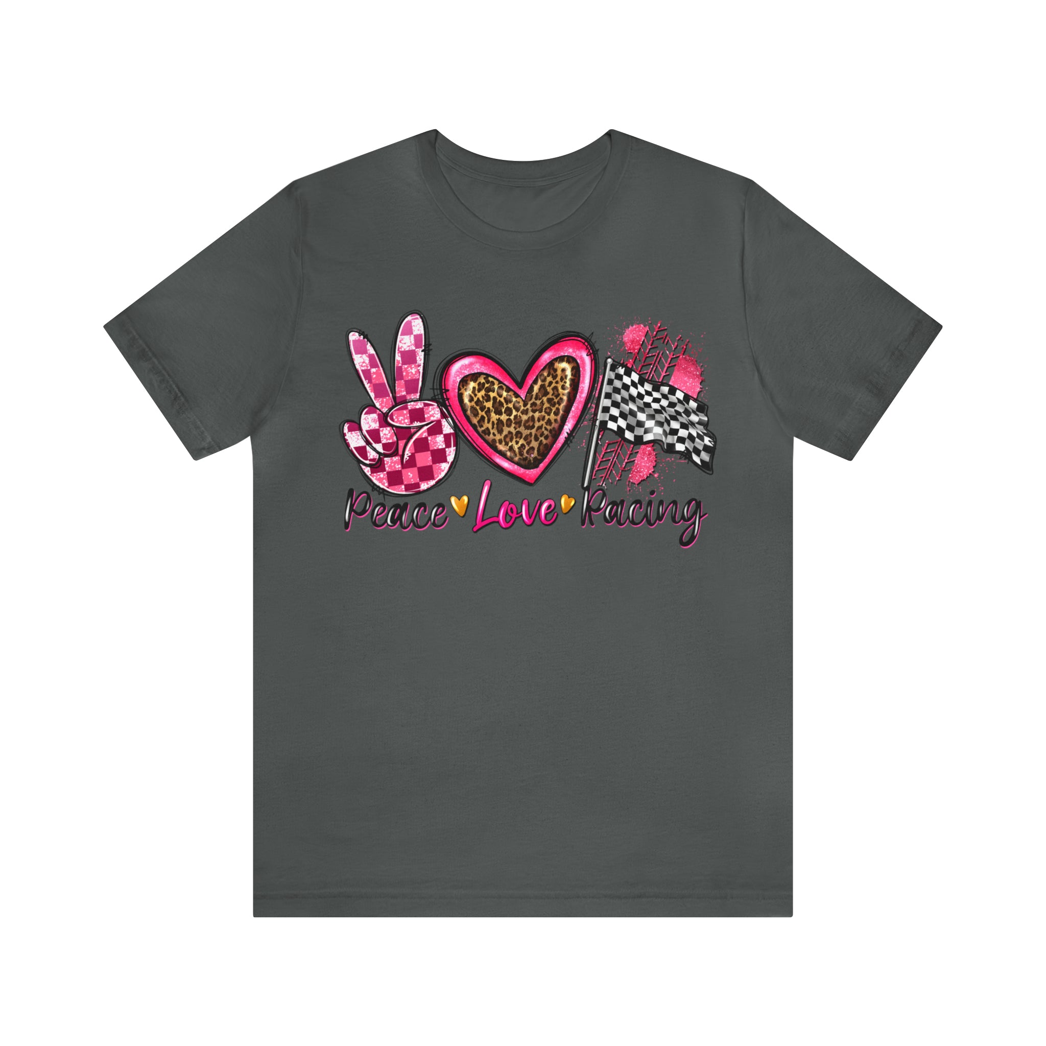 Peace Love Racing Hot Pink and Leopard Adult Unisex Jersey Short Sleeve Tee