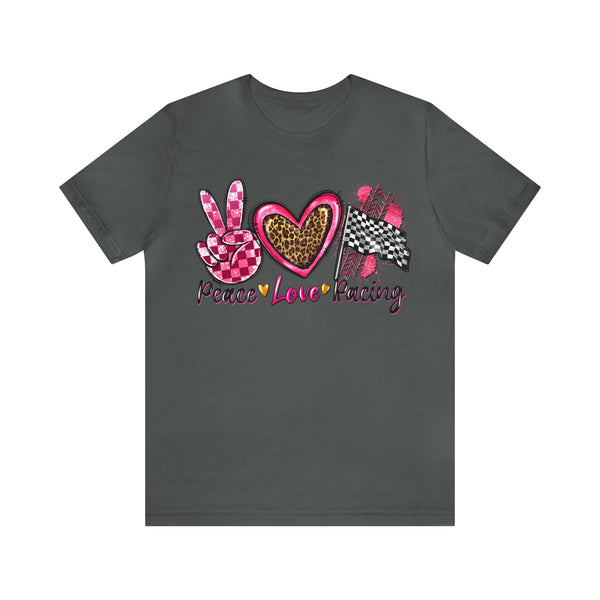 Peace Love Racing Hot Pink and Leopard Adult Unisex Jersey Short Sleeve Tee