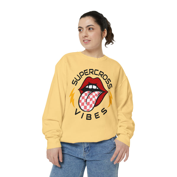 Supercross Vibes Unisex Garment-Dyed Sweatshirt | Supercross Race Day Sweatshirt | MX Motocross Dirt Track Sweatshirts Lips Tongue Lightning Bolt