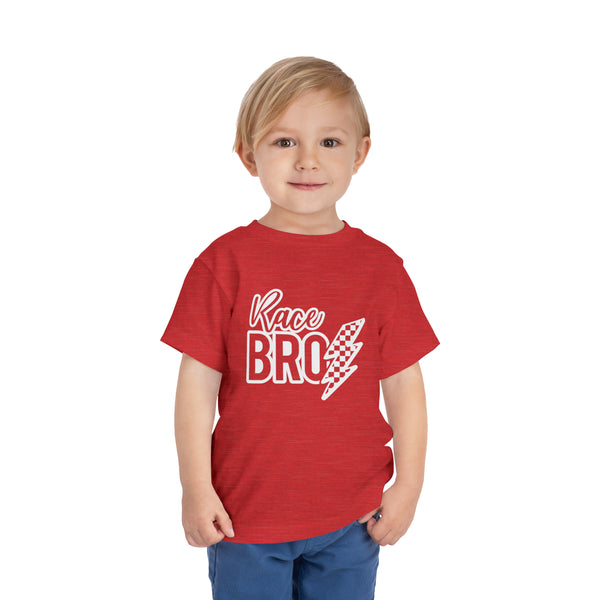 Race Bro With Checkered Lightning Bolt Toddler Short Sleeve Tee | Kids Race Day Toddler T-Shirt | SxS Moto Dirt Track Car Racing Shirt