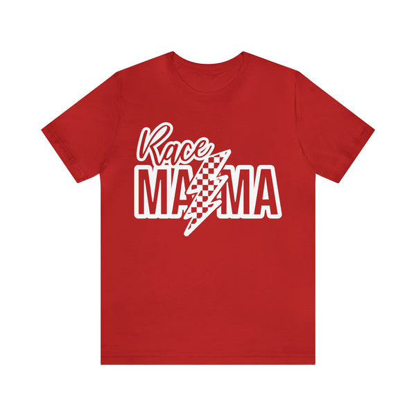 Race Mama with Checkered Lightning Bolt Adult Unisex Jersey Short Sleeve Tee | Race Mom T-Shirt