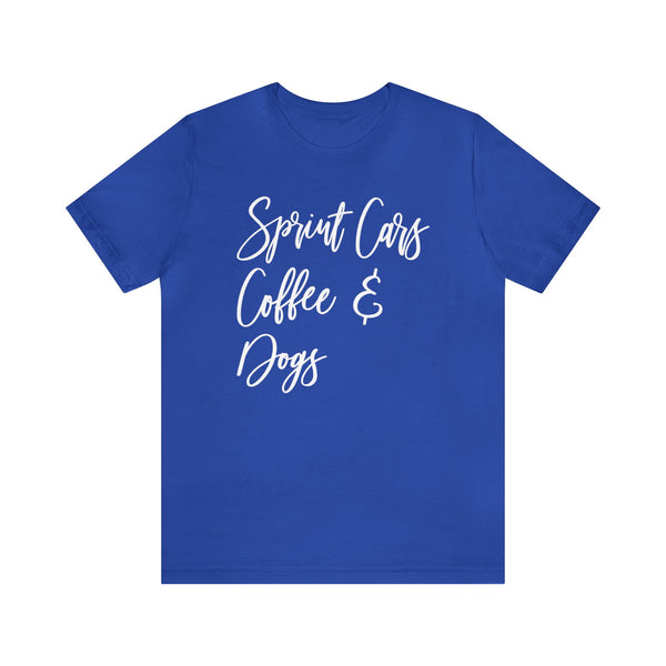 Sprint Cars Coffee and Dogs Adult Unisex Jersey Short Sleeve Tee | Sprint Car Races Shirt | Sprint Car Dirt Track Racing Tee