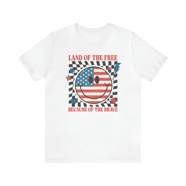 Patriotic Land of the Free Because of the Brave Adult Unisex Jersey Short Sleeve Tee | Race Themed 4th of July Shirt