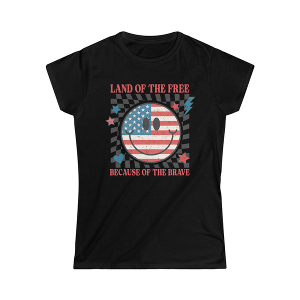 Land of the Free Because of the Brave Women's Softstyle Tee | Patriotic Race Themed 4th of July Ladies Shirt