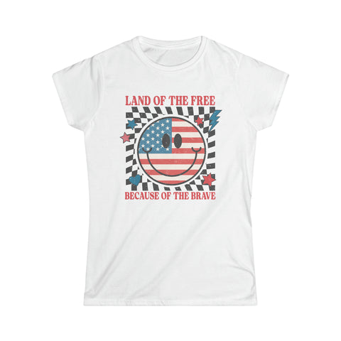 Land of the Free Because of the Brave Women's Softstyle Tee | Patriotic Race Themed 4th of July Ladies Shirt