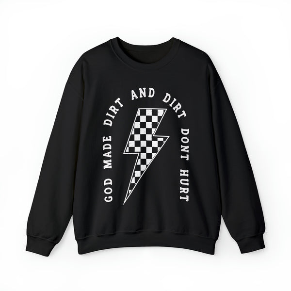 God Made Dirt and Dirt Don't Hurt with Checkered Lightning Bolt Adult Unisex Heavy Blend™ Crewneck Sweatshirt | Race Day Sweatshirt