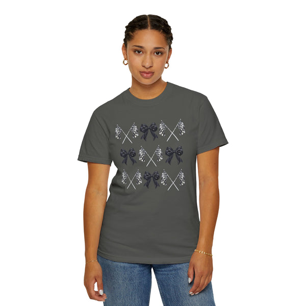 Coquette Bows and Checkered Race Flags Collage Adult Unisex Garment-Dyed T-shirt | Cute Oversized Girl Racer Race Mom Race Day Tee