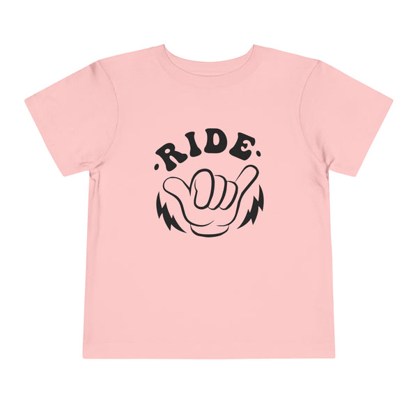 Retro Groovy Ride All Day with Shaka Hand Front and Back Toddler Short Sleeve Tee | Kids Race Girl Shirt | Ride Toddler Pit Crew T-Shirt