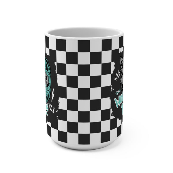 Wolf Racing with Checkered Flag Background Ceramic Coffee Mug 15oz | Moto Mom Coffee Mug