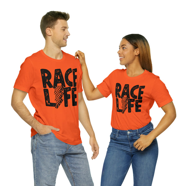 Race Life With Checkered Lightning Bolt Adult Unisex Jersey Short Sleeve Tee