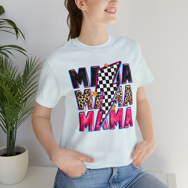 Race Mama with Checkered Lightning Bolt Adult Unisex Jersey Short Sleeve Tee