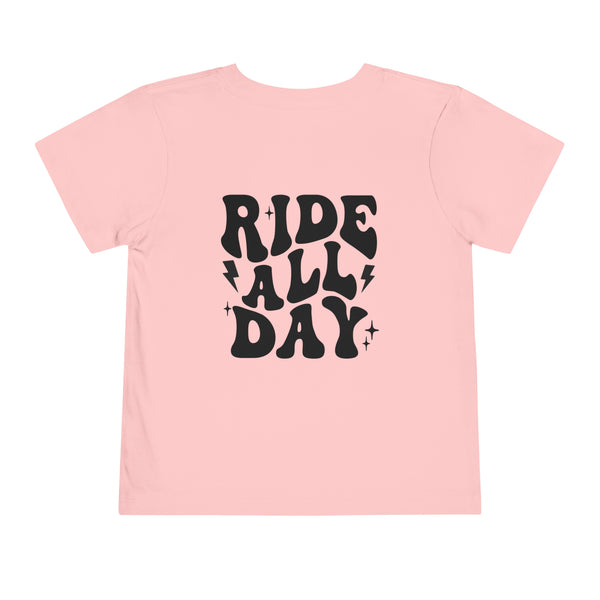 Retro Groovy Ride All Day with Shaka Hand Front and Back Toddler Short Sleeve Tee | Kids Race Girl Shirt | Ride Toddler Pit Crew T-Shirt