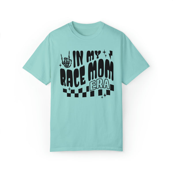 In My Race Mom Era Adult Unisex Garment-Dyed T-shirt | Funny Racing Themed Tee with Checkerboard Pattern