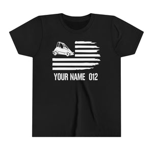 Quarter Midget American Flag Youth Short Sleeve Tee Personalized with Your Name and Number | Kids Moto 4th of July Sprint Car Racing Youth T-Shirt