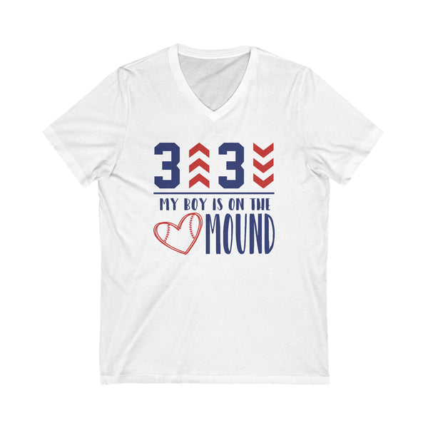 3 Up 3 Down My Boy is on the Mound Adult Unisex Jersey Short Sleeve V-Neck Tee | Baseball Pitcher's Mom or Dad Game Day T-Shirt